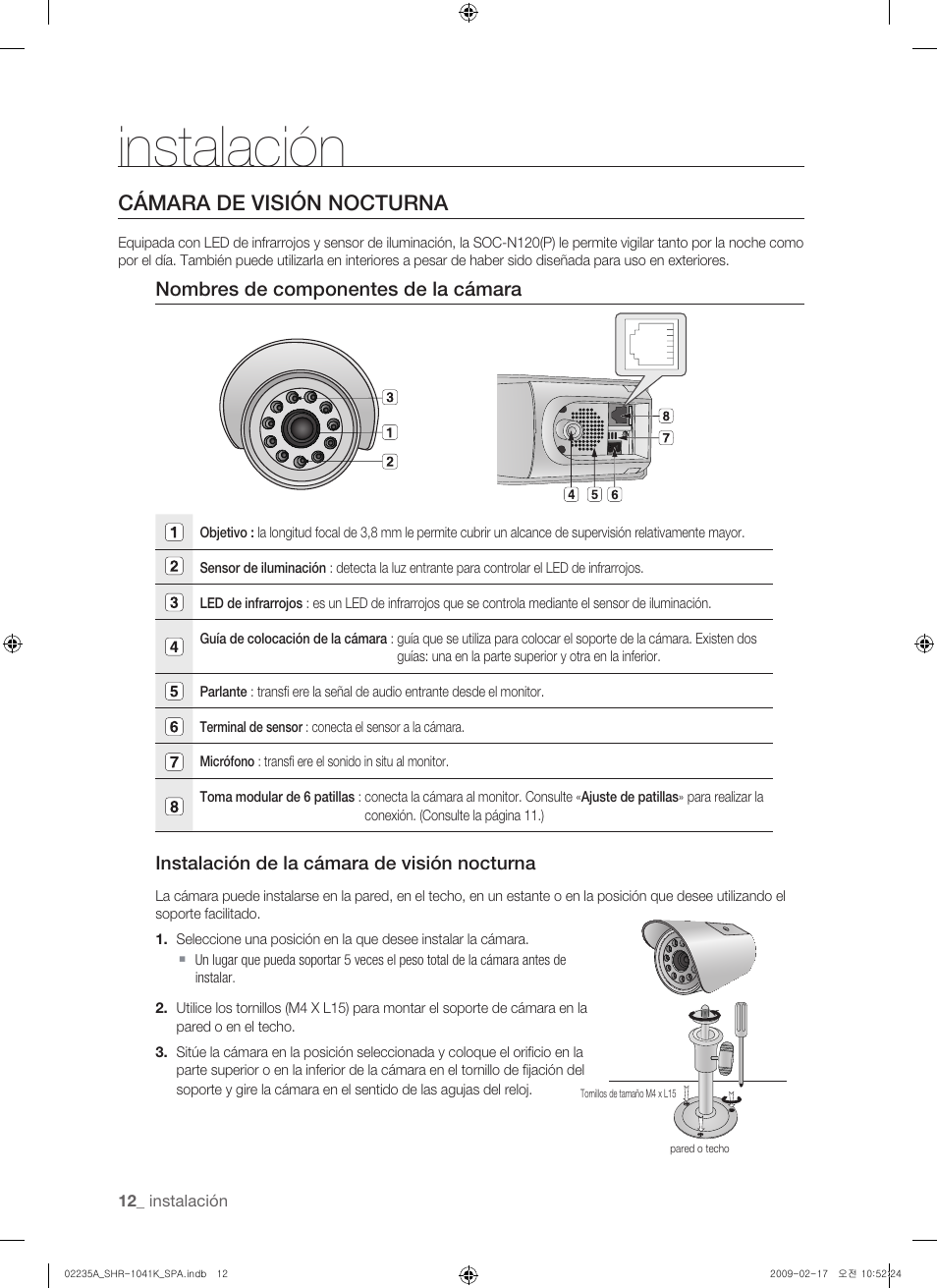Instalación, Cámara de visión nocturna, Nombres de componentes de la cámara | Samsung SHR-1041 User Manual | Page 128 / 174