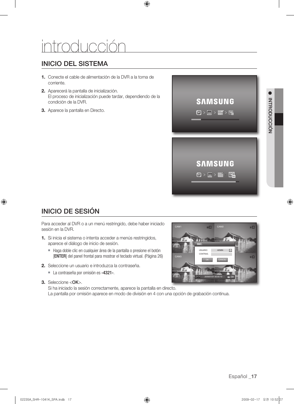 Introducción, Inicio del sistema, Inicio de sesión | Samsung SHR-1041 User Manual | Page 133 / 174