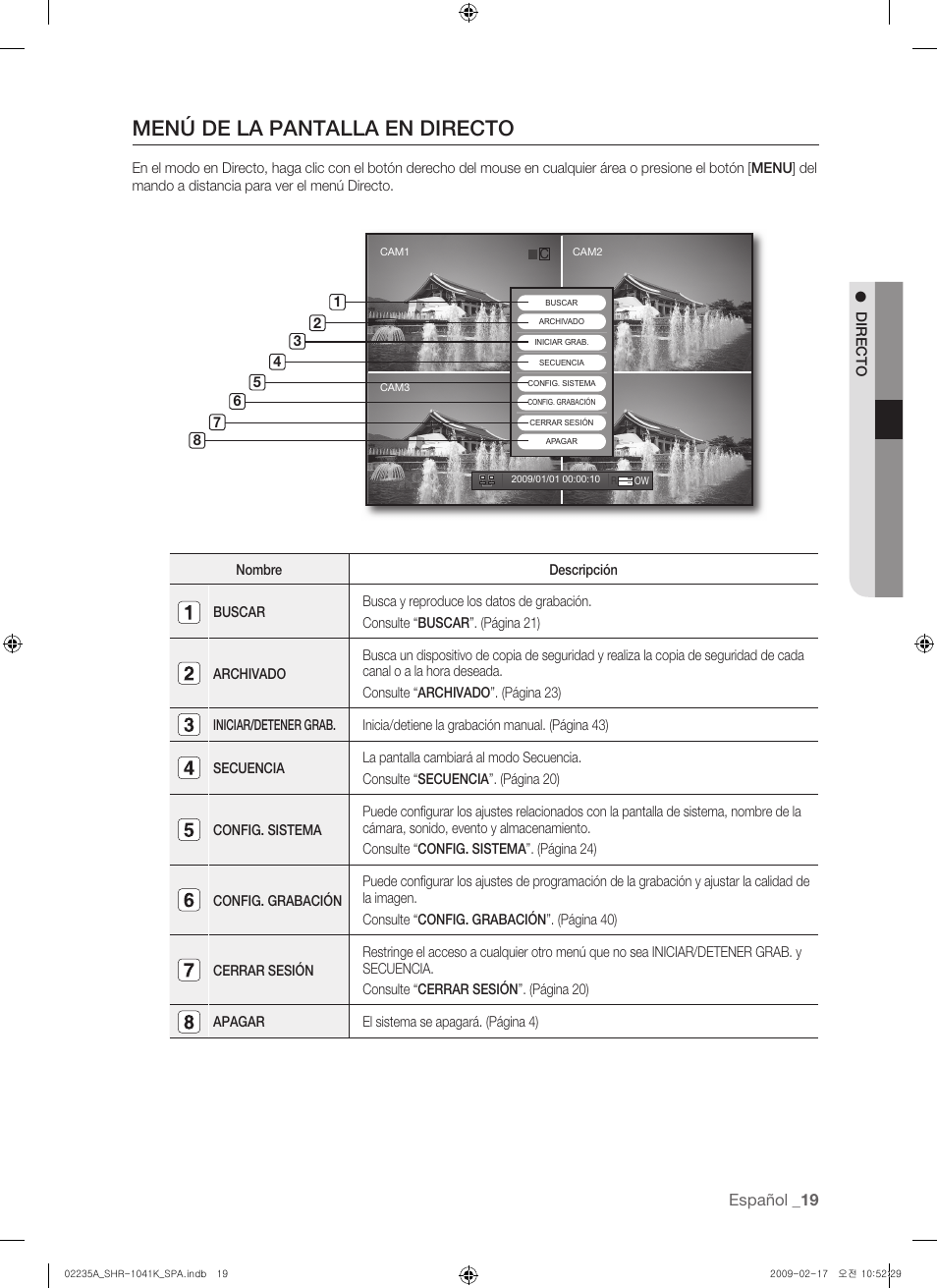 Menú de la pantalla en directo | Samsung SHR-1041 User Manual | Page 135 / 174
