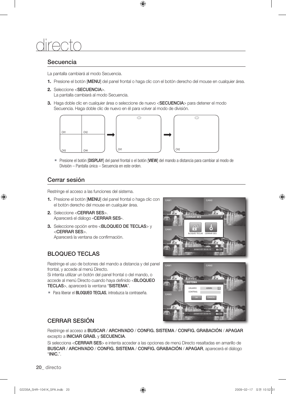 Secuencia, Cerrar sesión, Bloqueo teclas | Directo | Samsung SHR-1041 User Manual | Page 136 / 174