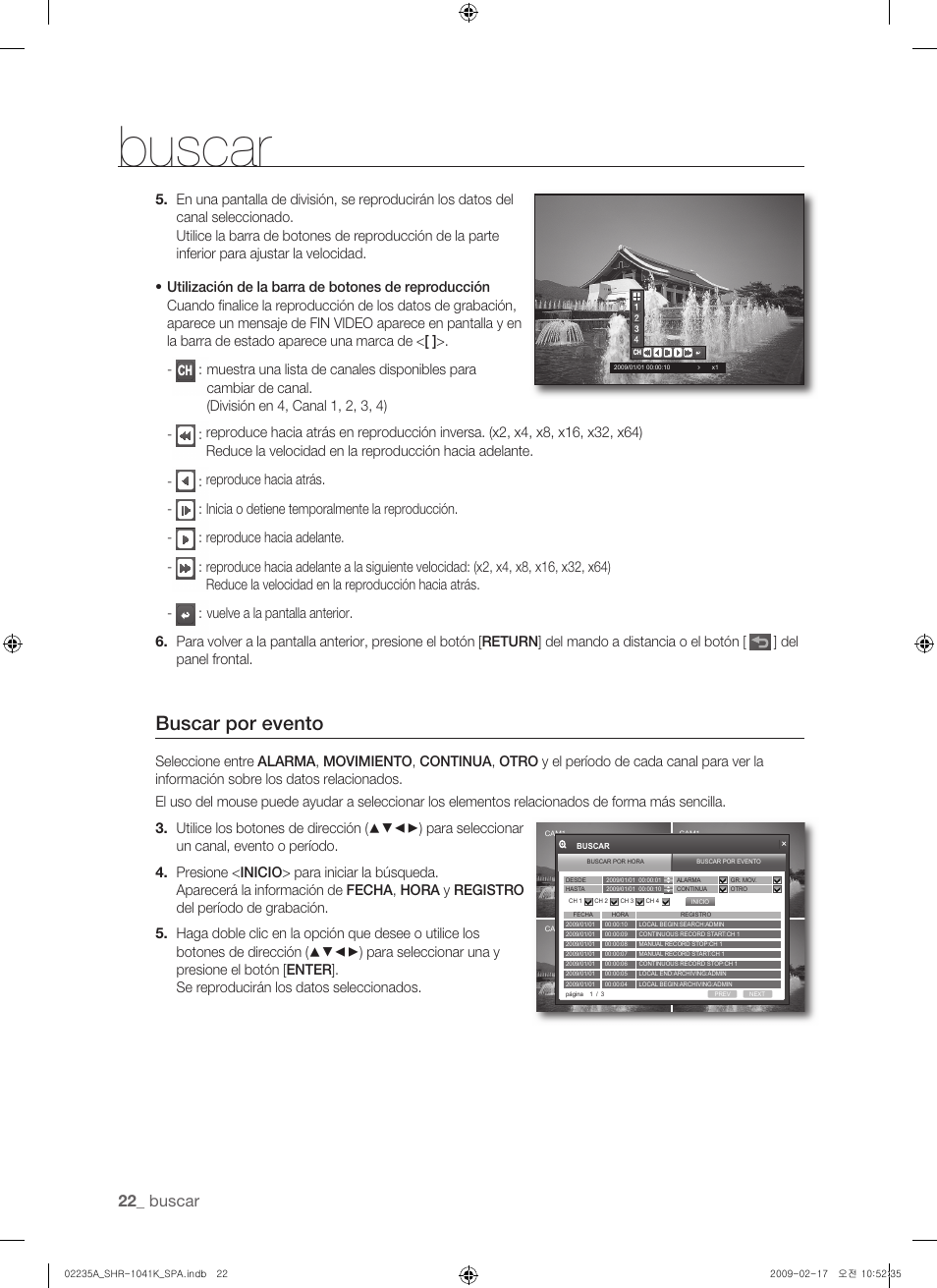 Buscar por evento, Buscar | Samsung SHR-1041 User Manual | Page 138 / 174