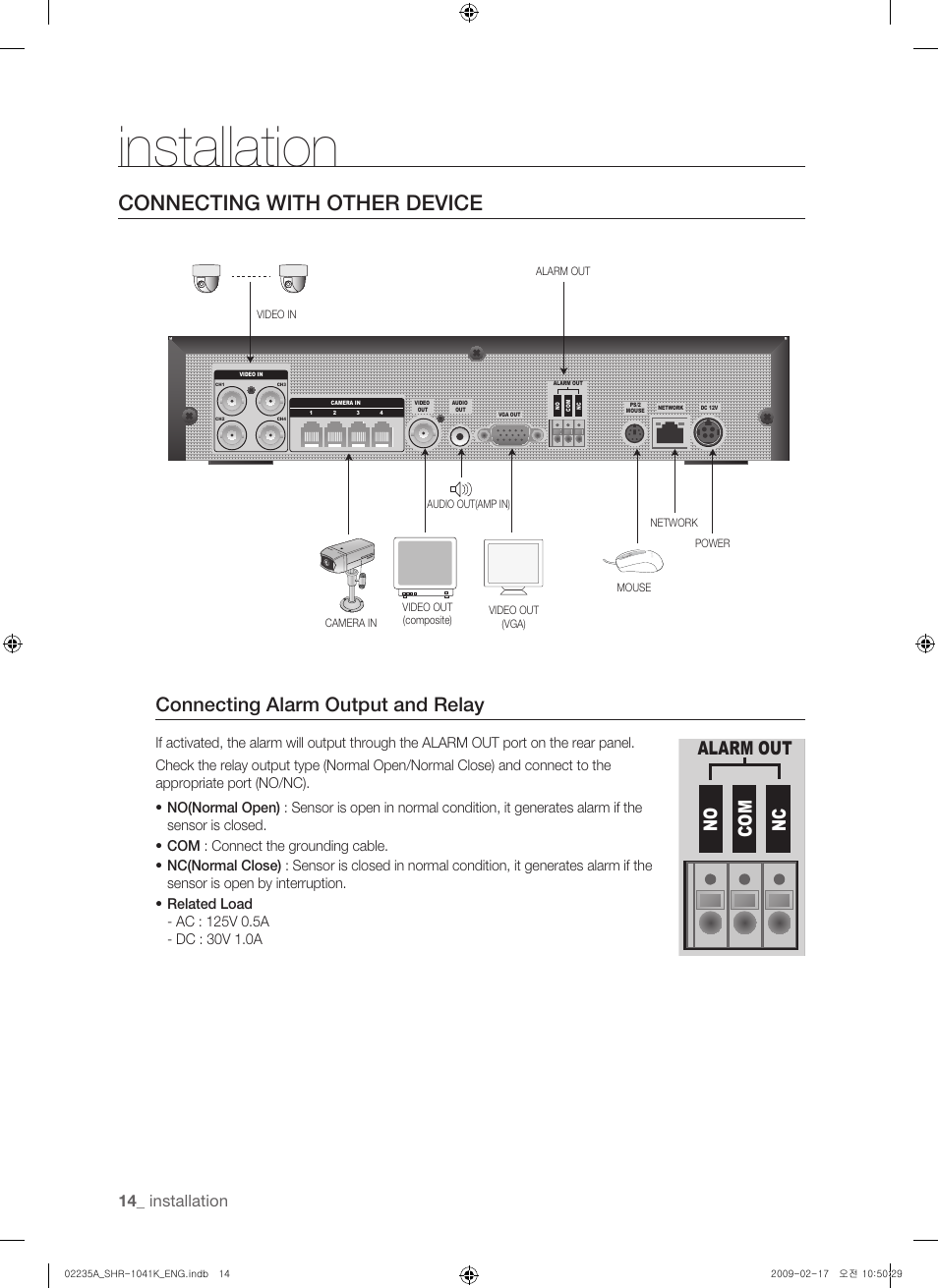 Installation, Connecting with other device, Connecting alarm output and relay | Samsung SHR-1041 User Manual | Page 14 / 174