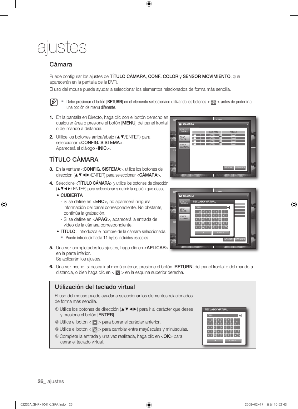 Cámara, Título cámara, Utilización del teclado virtual | Ajustes, En la esquina superior derecha | Samsung SHR-1041 User Manual | Page 142 / 174