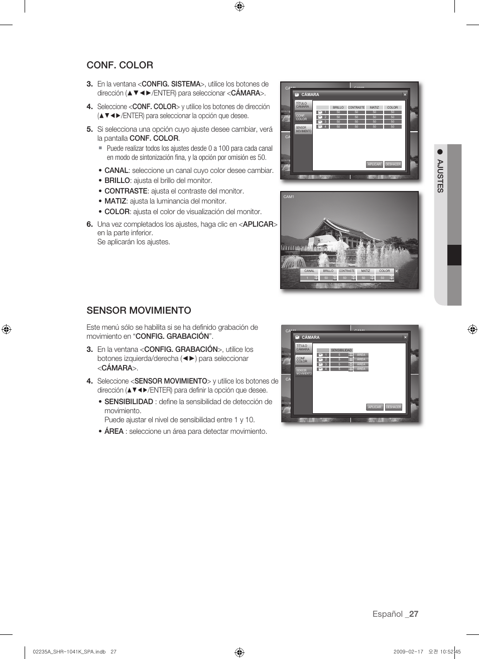 Conf. color, Sensor movimiento, Español | Ajustes | Samsung SHR-1041 User Manual | Page 143 / 174