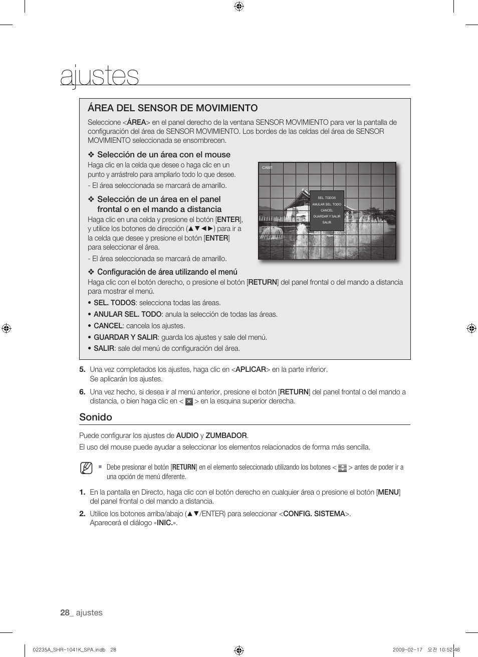 Ajustes, Sonido, Área del sensor de movimiento | Samsung SHR-1041 User Manual | Page 144 / 174