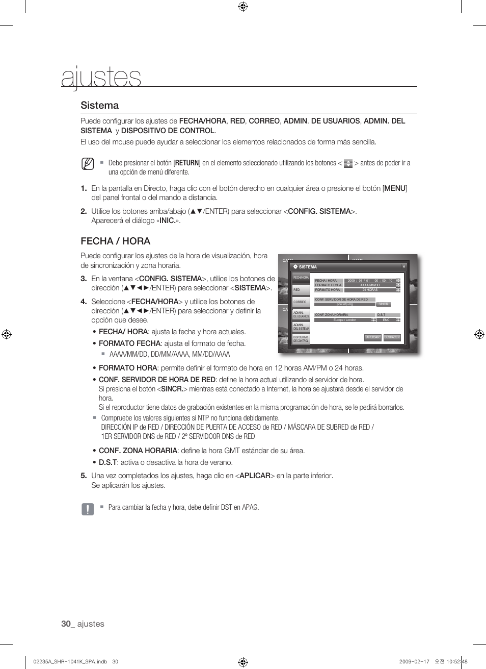 Sistema, Fecha / hora, Ajustes | Samsung SHR-1041 User Manual | Page 146 / 174