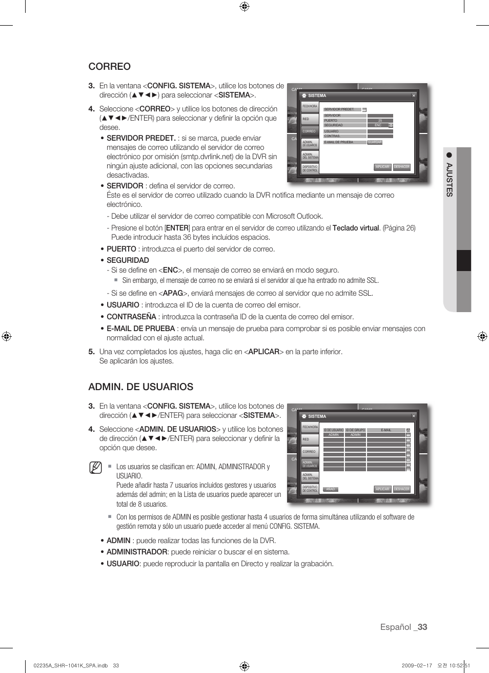 Correo, Admin. de usuarios, Español | Ajustes | Samsung SHR-1041 User Manual | Page 149 / 174
