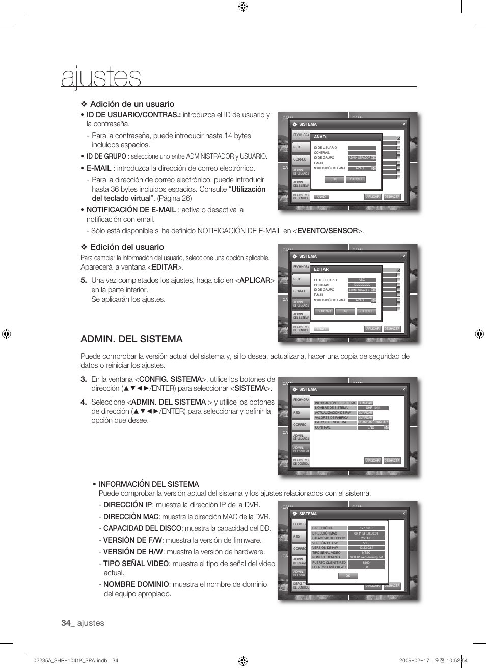 Admin. del sistema, Ajustes, Adición de un usuario | Edición del usuario | Samsung SHR-1041 User Manual | Page 150 / 174