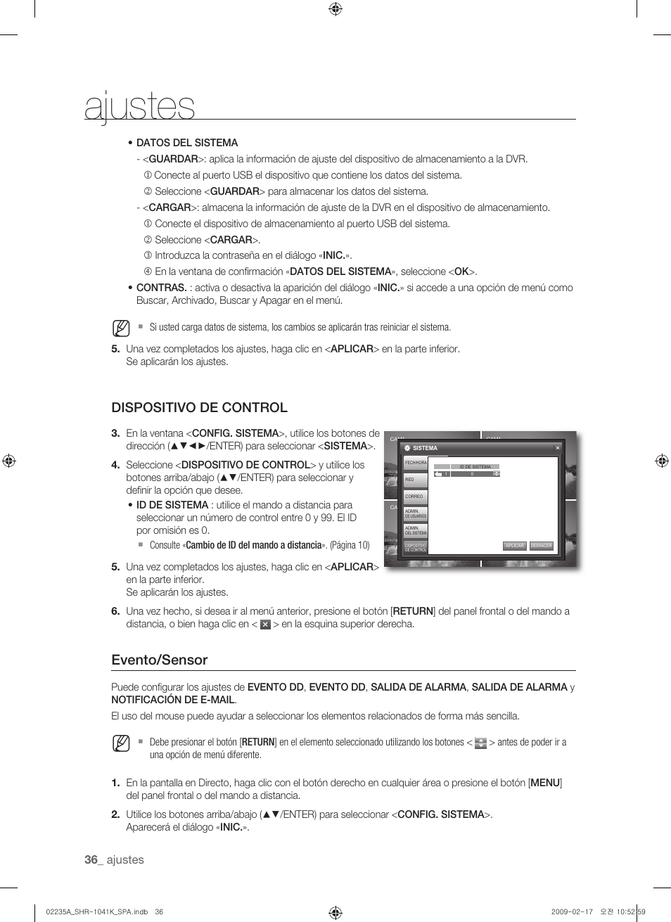 Ajustes, Evento/sensor, Dispositivo de control | Samsung SHR-1041 User Manual | Page 152 / 174