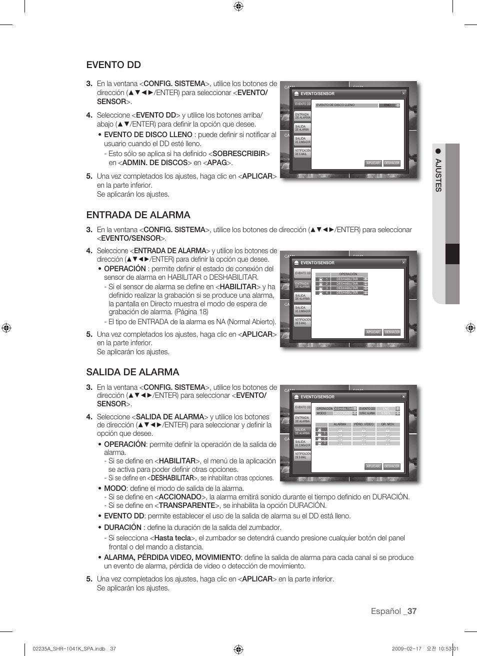 Evento dd, Entrada de alarma, Salida de alarma | Español, Ajustes | Samsung SHR-1041 User Manual | Page 153 / 174