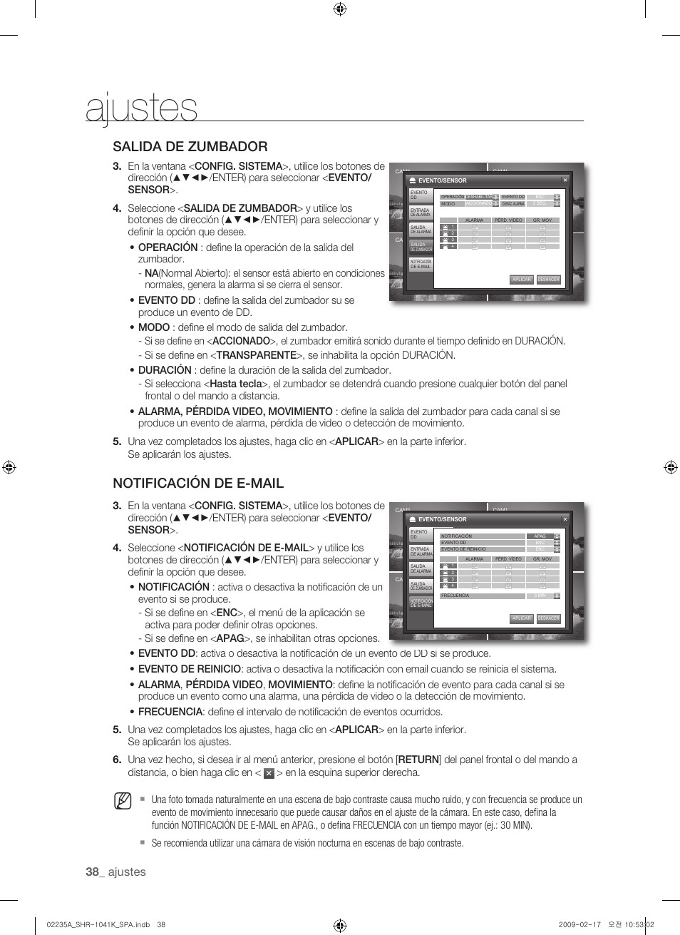 Salida de zumbador, Notificación de e-mail, Ajustes | Samsung SHR-1041 User Manual | Page 154 / 174