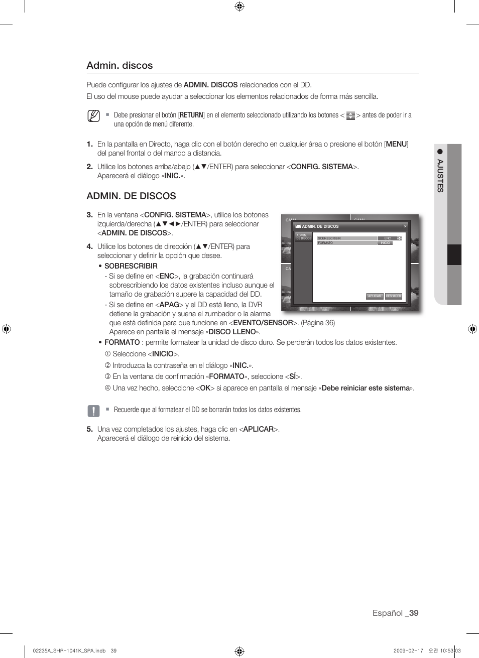 Admin. discos, Admin. de discos | Samsung SHR-1041 User Manual | Page 155 / 174