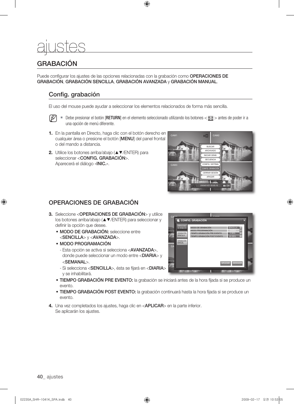 Grabación, Confi g. grabación, Operaciones de grabación | Ajustes | Samsung SHR-1041 User Manual | Page 156 / 174