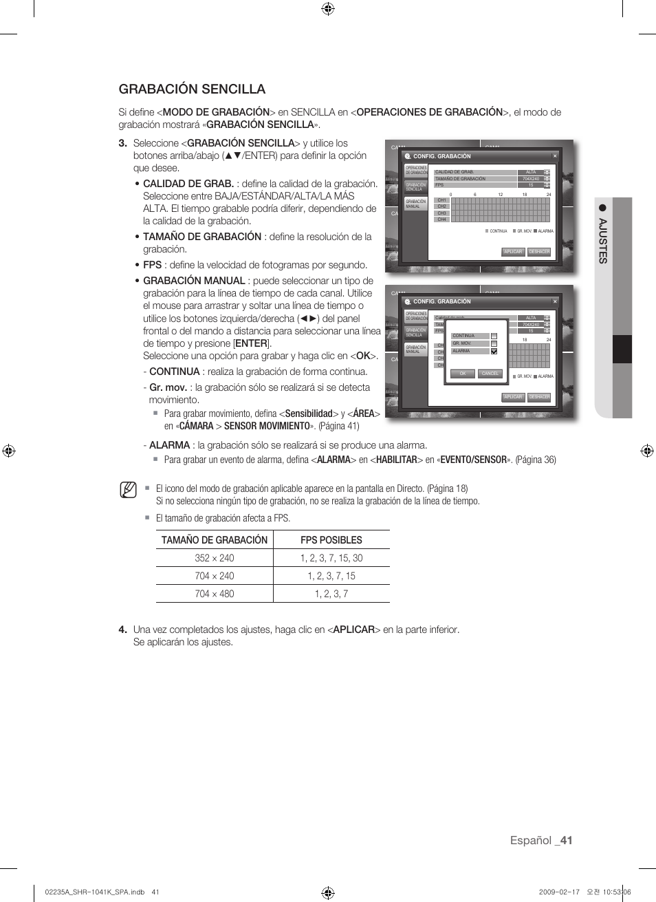 Grabación sencilla, Español, Ajustes | Samsung SHR-1041 User Manual | Page 157 / 174