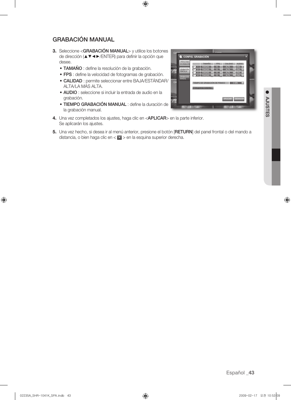 Grabación manual, Español, Ajustes | En la esquina superior derecha | Samsung SHR-1041 User Manual | Page 159 / 174
