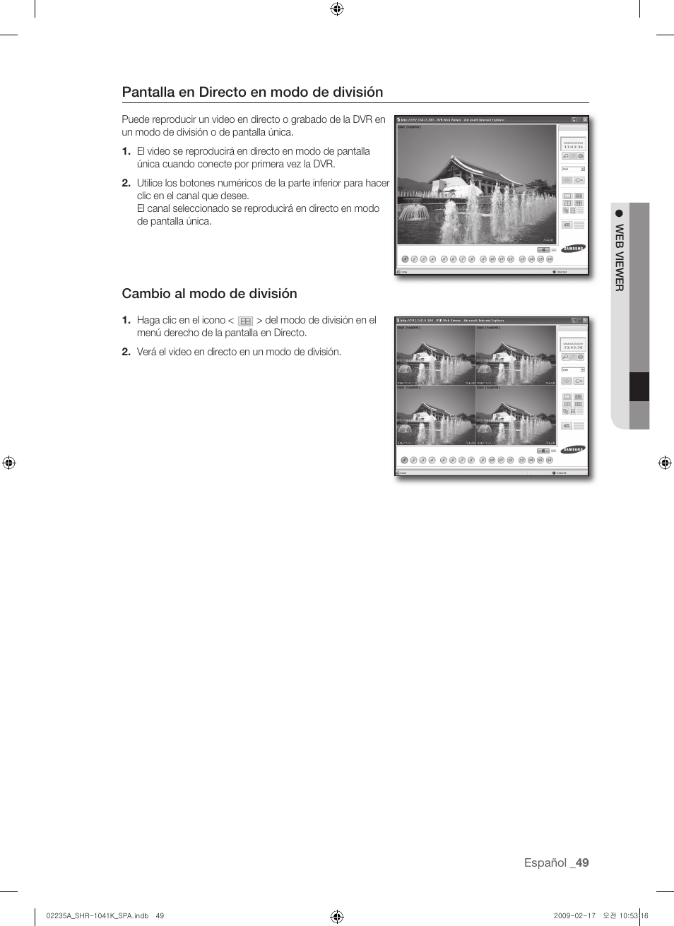 Pantalla en directo en modo de división, Cambio al modo de división | Samsung SHR-1041 User Manual | Page 165 / 174
