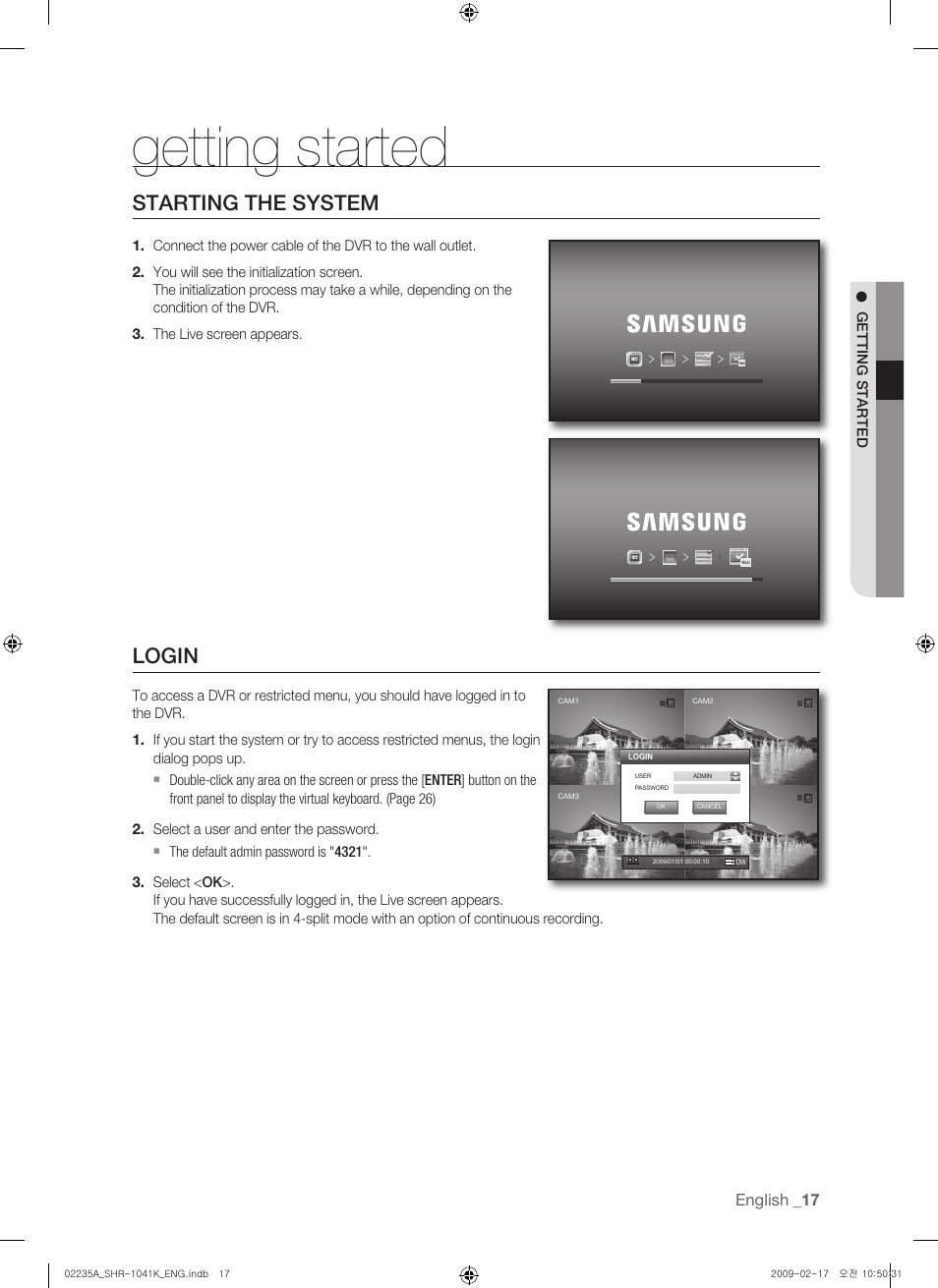 Getting started, Starting the system, Login | Samsung SHR-1041 User Manual | Page 17 / 174