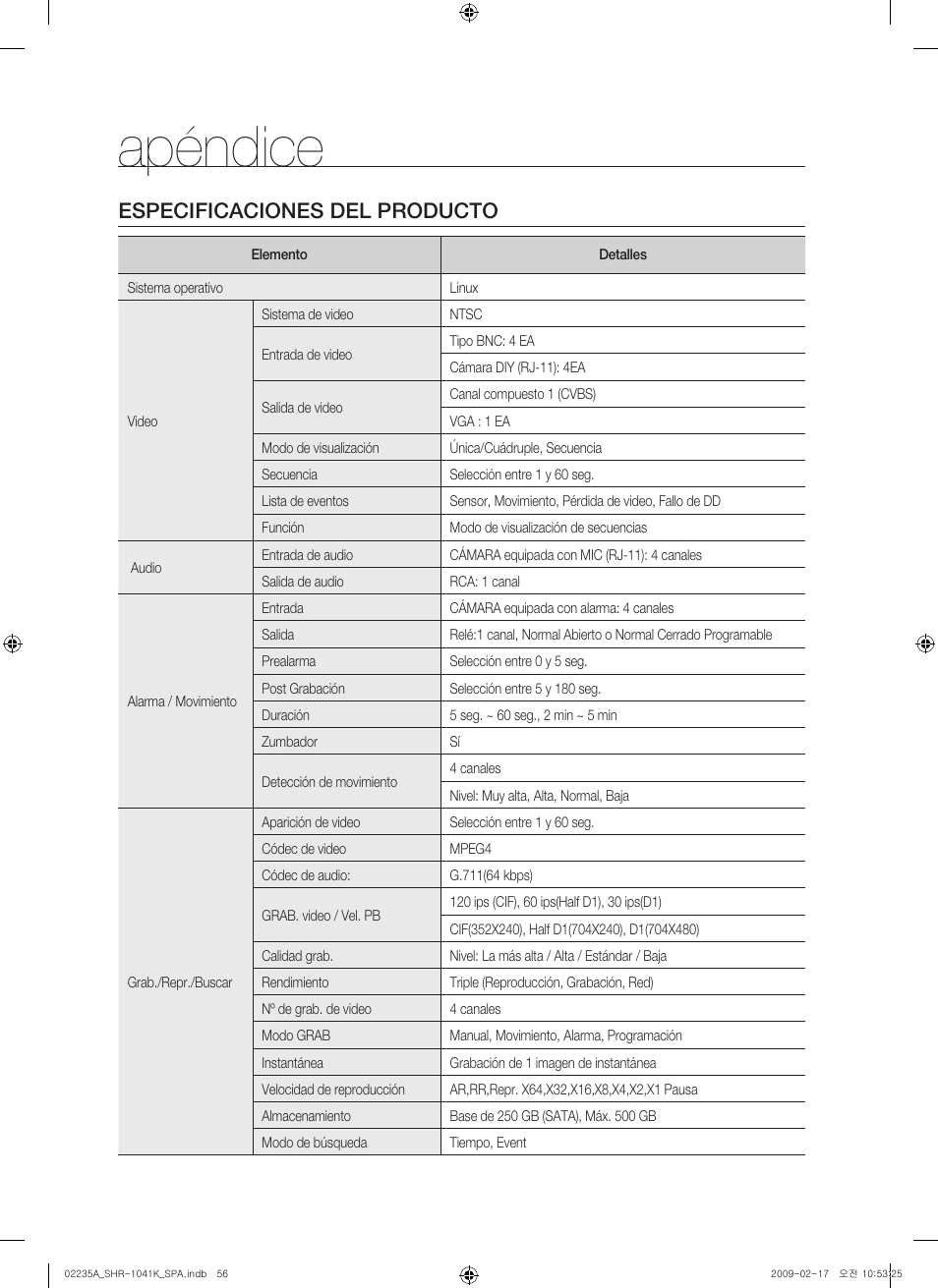 Apéndice, Especificaciones del producto | Samsung SHR-1041 User Manual | Page 172 / 174