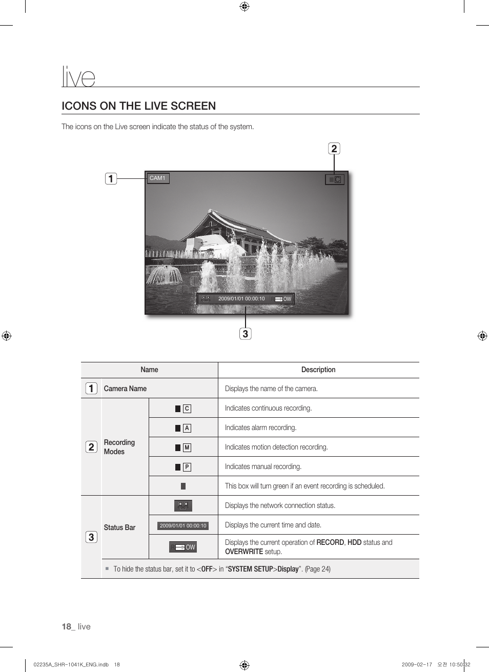 Live, Icons on the live screen | Samsung SHR-1041 User Manual | Page 18 / 174