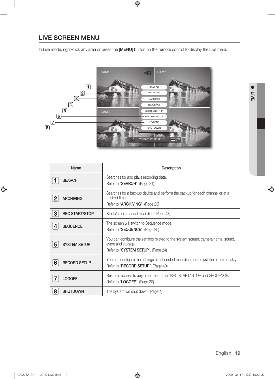 Live screen menu | Samsung SHR-1041 User Manual | Page 19 / 174