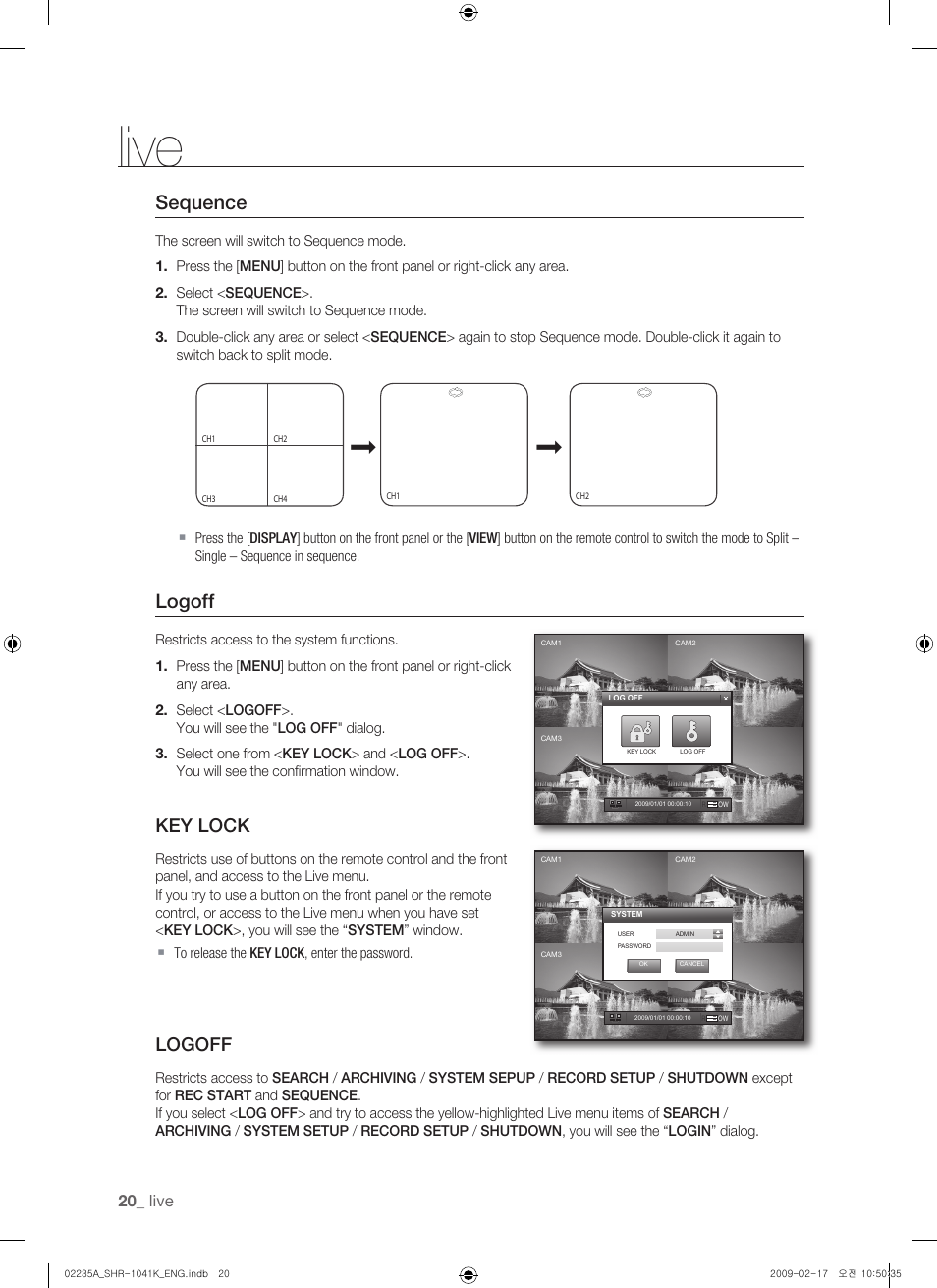 Sequence, Logoff, Key lock | Live | Samsung SHR-1041 User Manual | Page 20 / 174