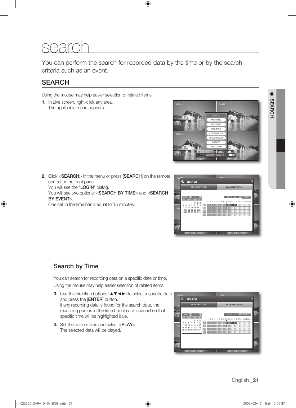 Search by time, English, Search | Samsung SHR-1041 User Manual | Page 21 / 174