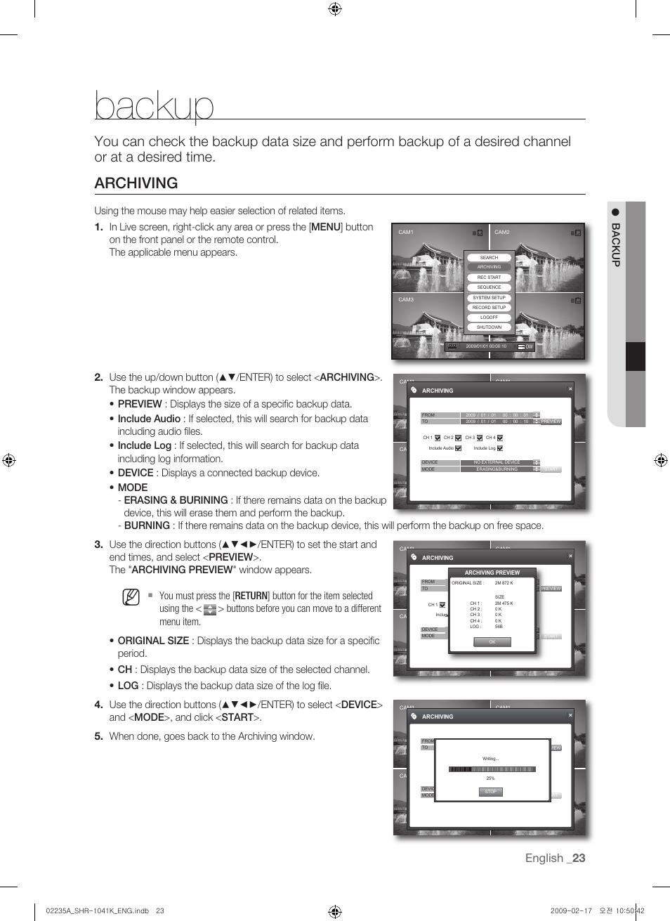 Archiving, English, Backup | Cam1 | Samsung SHR-1041 User Manual | Page 23 / 174