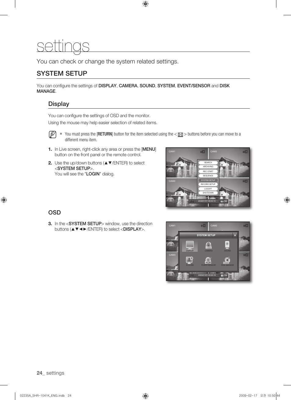 System setup, Display, Settings | Samsung SHR-1041 User Manual | Page 24 / 174