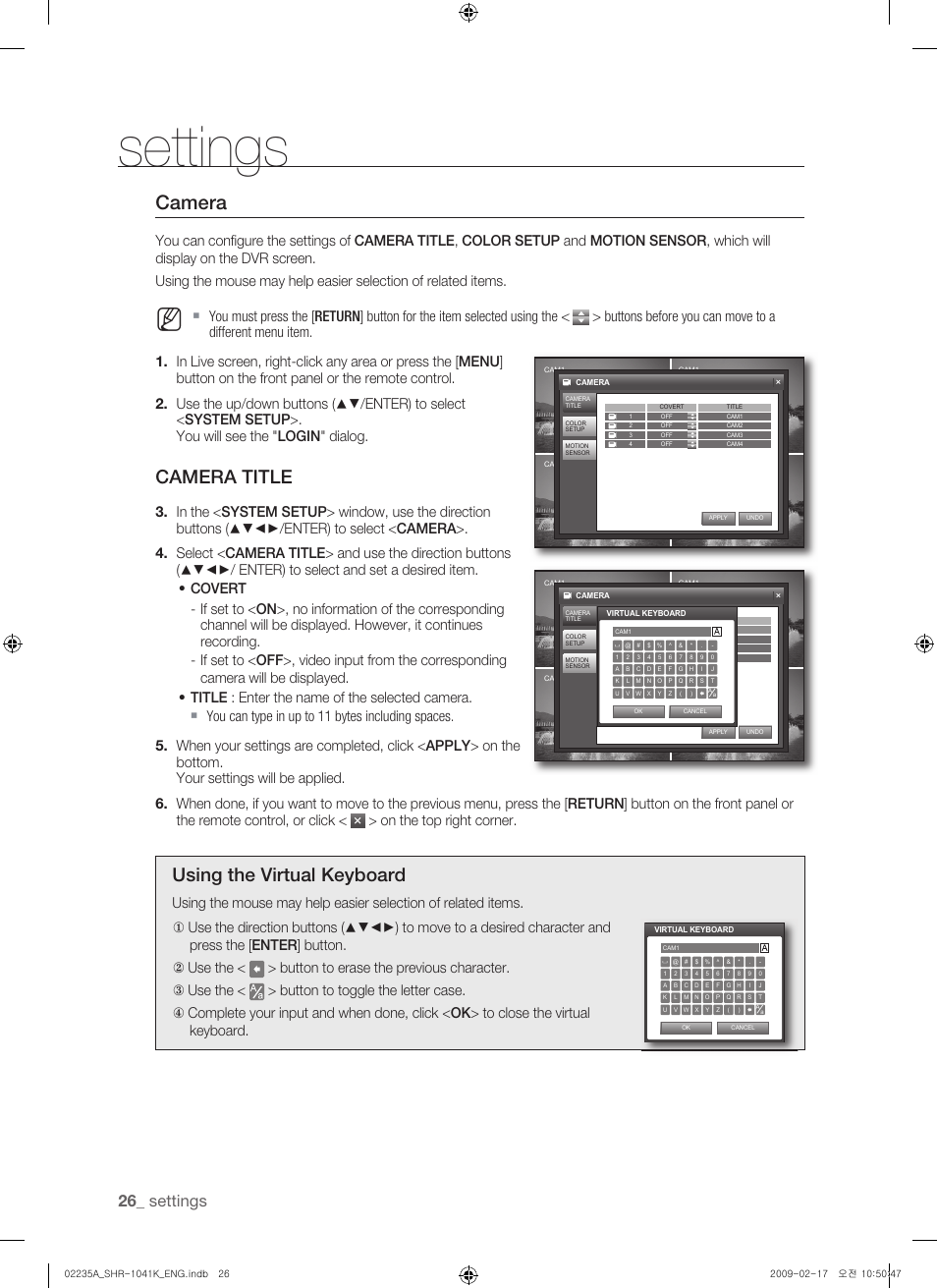 Camera, Camera title, Using the virtual keyboard | Settings, On the top right corner | Samsung SHR-1041 User Manual | Page 26 / 174