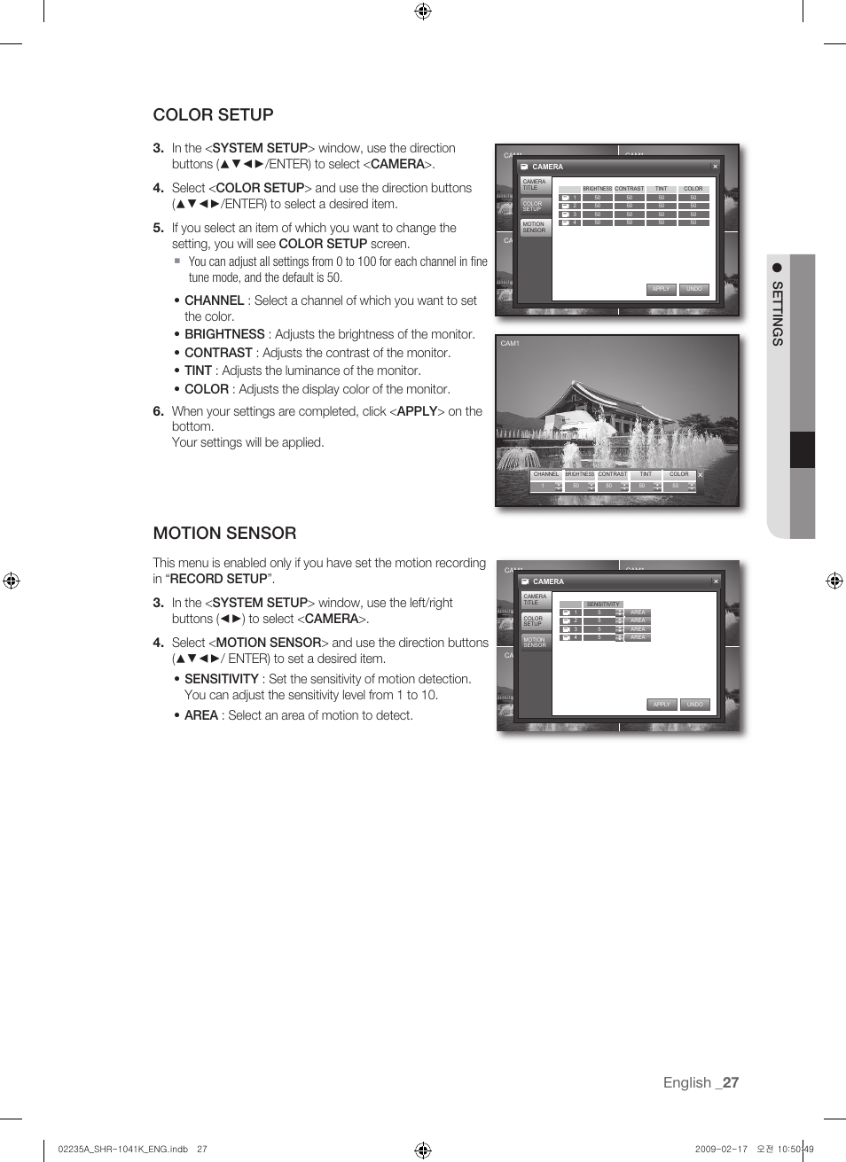 Color setup, Motion sensor, English | Settings | Samsung SHR-1041 User Manual | Page 27 / 174