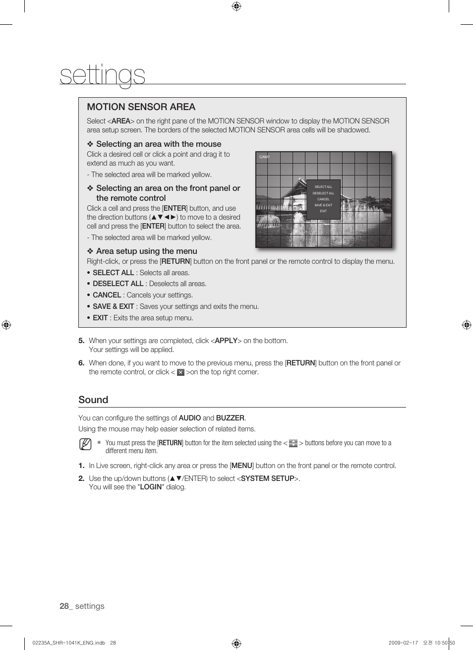 Settings, Sound, Motion sensor area | Samsung SHR-1041 User Manual | Page 28 / 174
