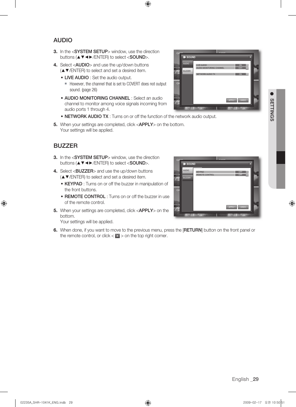 Audio, Buzzer, English | Settings, On the top right corner | Samsung SHR-1041 User Manual | Page 29 / 174