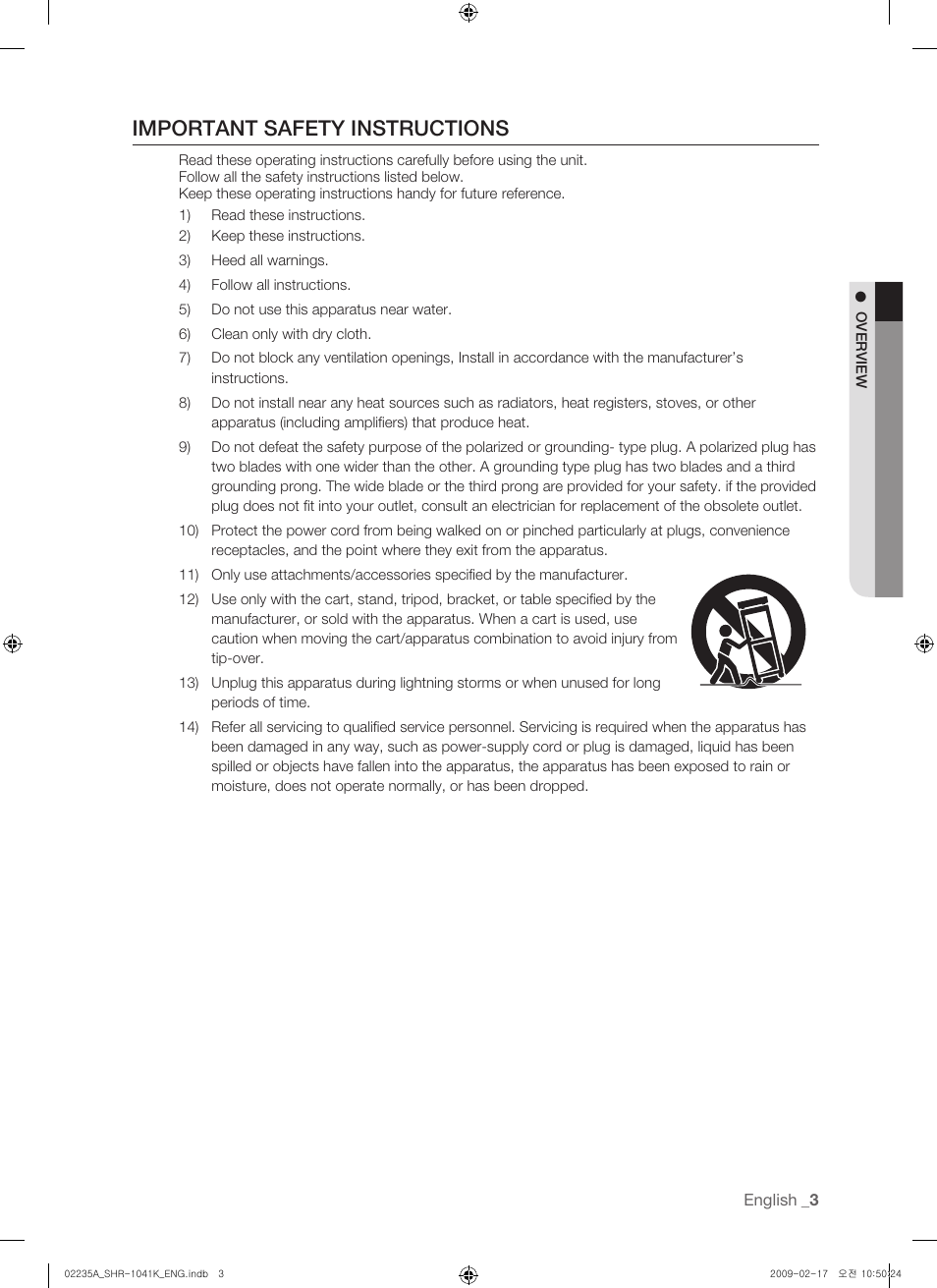 Important safety instructions | Samsung SHR-1041 User Manual | Page 3 / 174