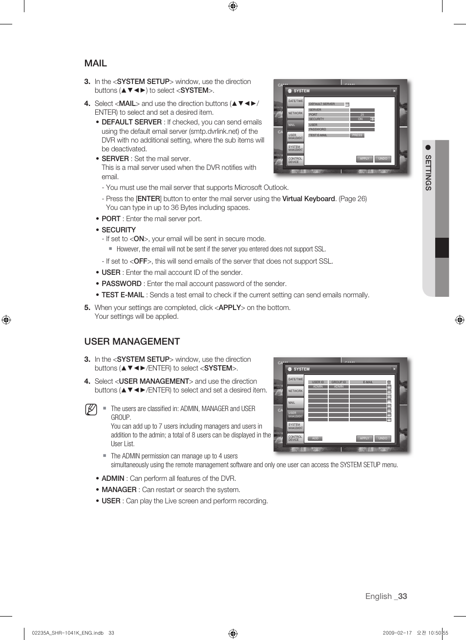 Mail, User management, English | Settings | Samsung SHR-1041 User Manual | Page 33 / 174