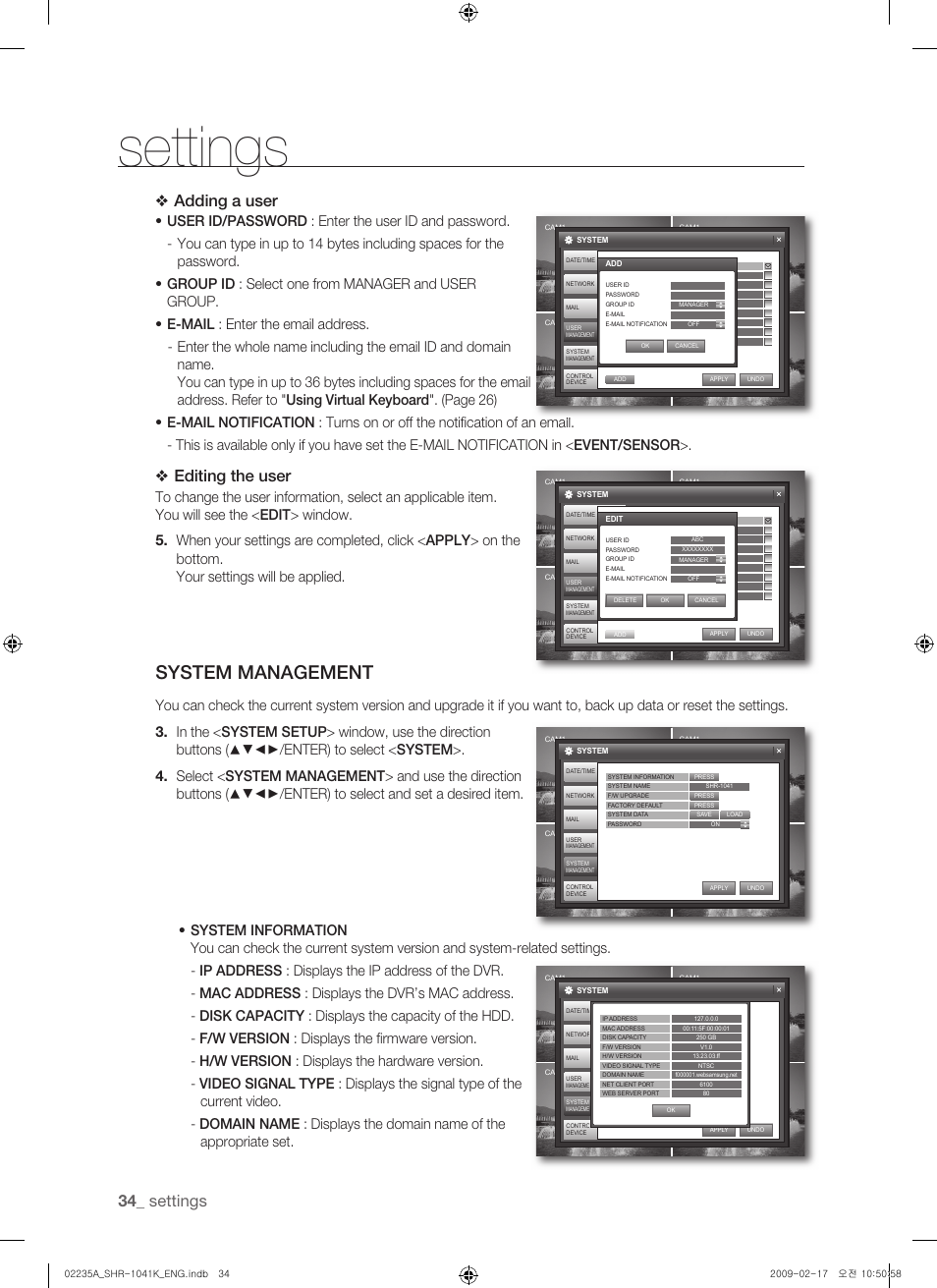 System management, Settings, Adding a user | Editing the user | Samsung SHR-1041 User Manual | Page 34 / 174