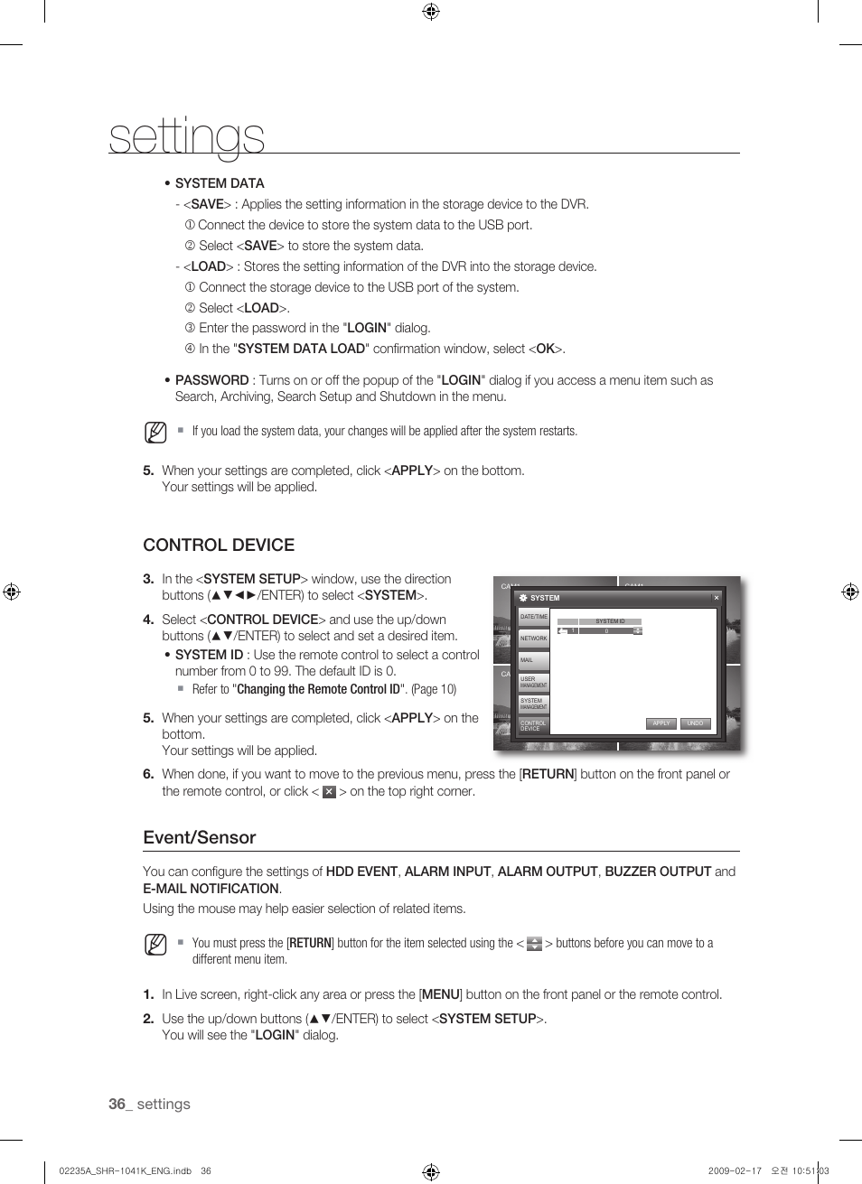 Settings, Event/sensor, Control device | Samsung SHR-1041 User Manual | Page 36 / 174