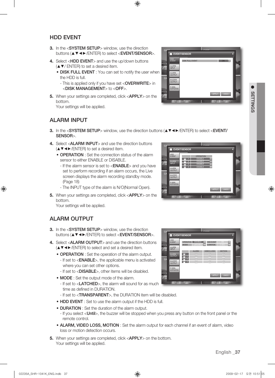 Hdd event, Alarm input, Alarm output | English, Settings | Samsung SHR-1041 User Manual | Page 37 / 174