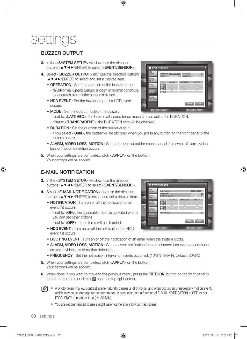 Buzzer output, E-mail notification, Settings | Samsung SHR-1041 User Manual | Page 38 / 174