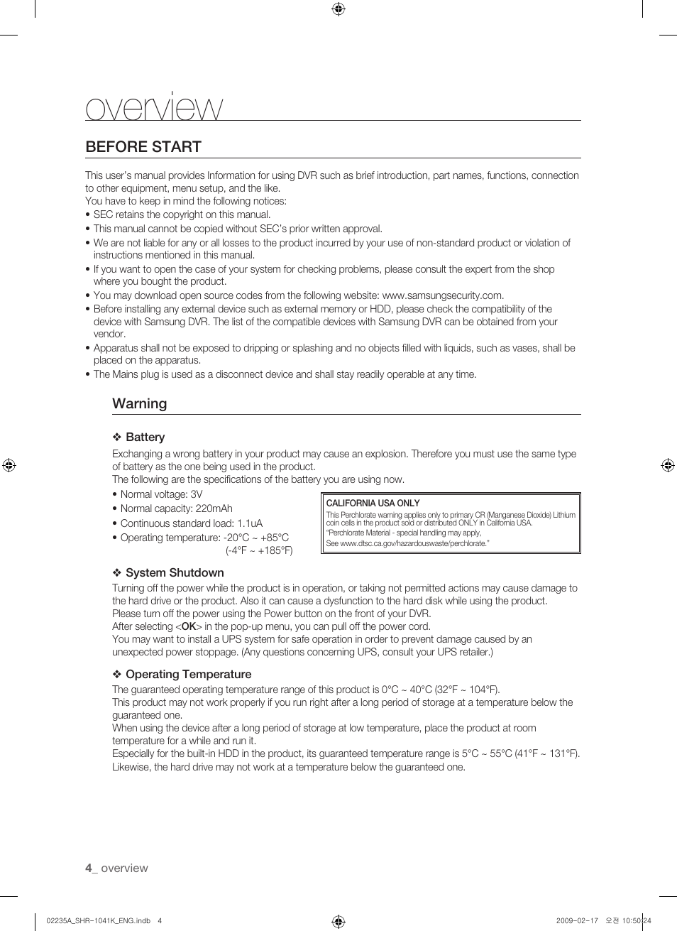 Overview, Before start, Warning | Samsung SHR-1041 User Manual | Page 4 / 174