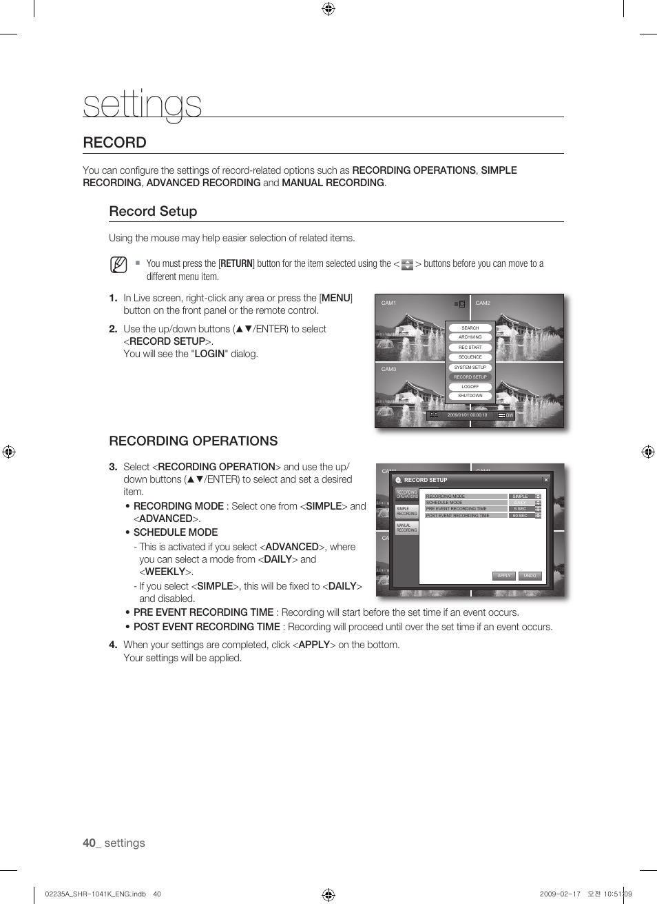 Record, Record setup, Recording operations | Settings | Samsung SHR-1041 User Manual | Page 40 / 174