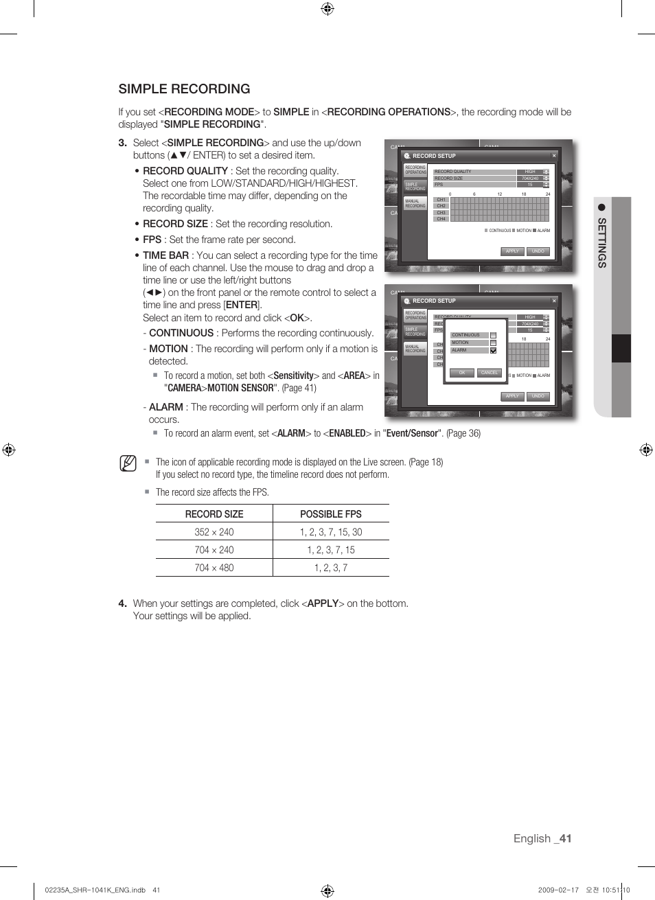 Simple recording, English, Settings | Samsung SHR-1041 User Manual | Page 41 / 174