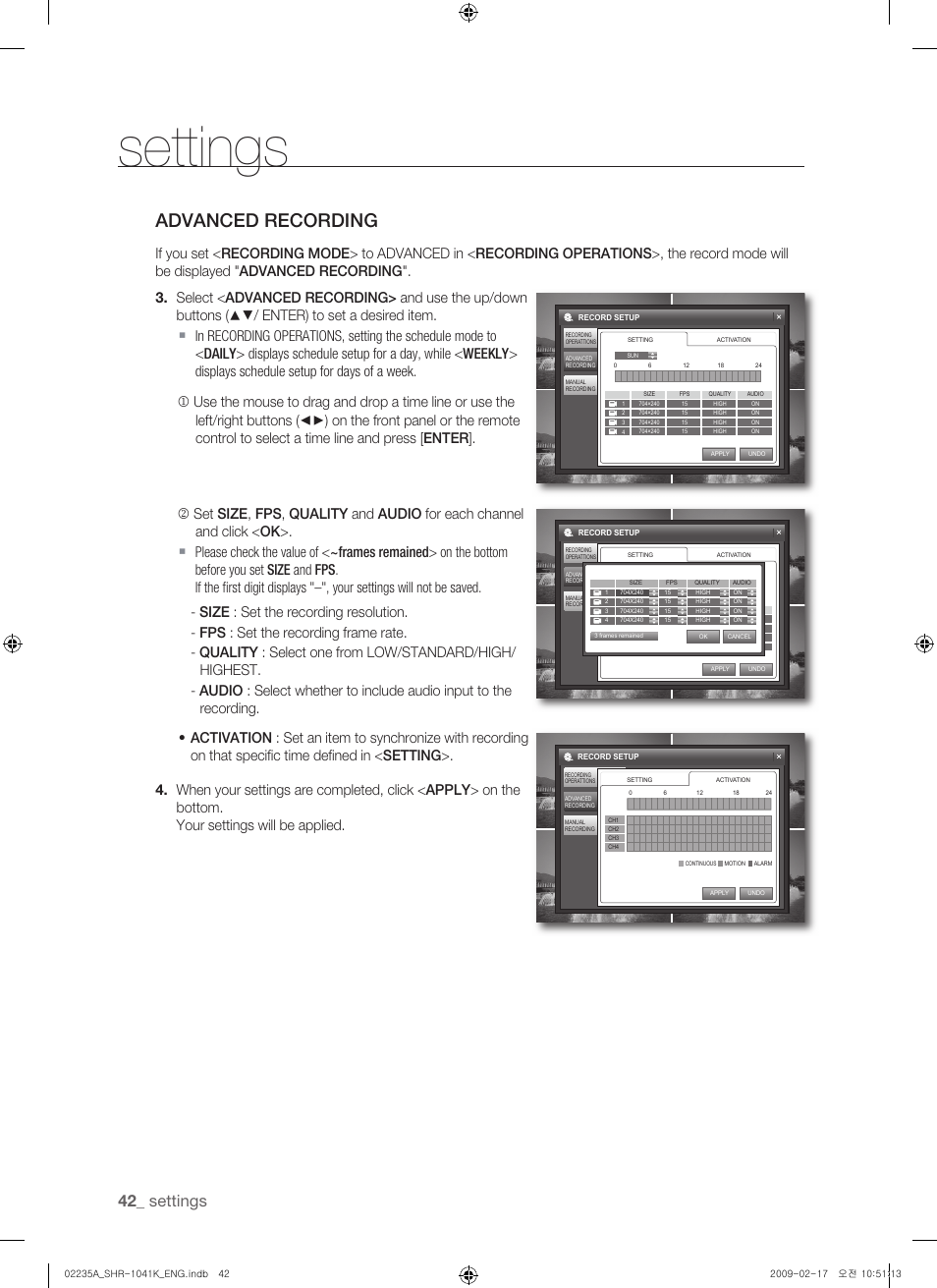 Advanced recording, Settings | Samsung SHR-1041 User Manual | Page 42 / 174