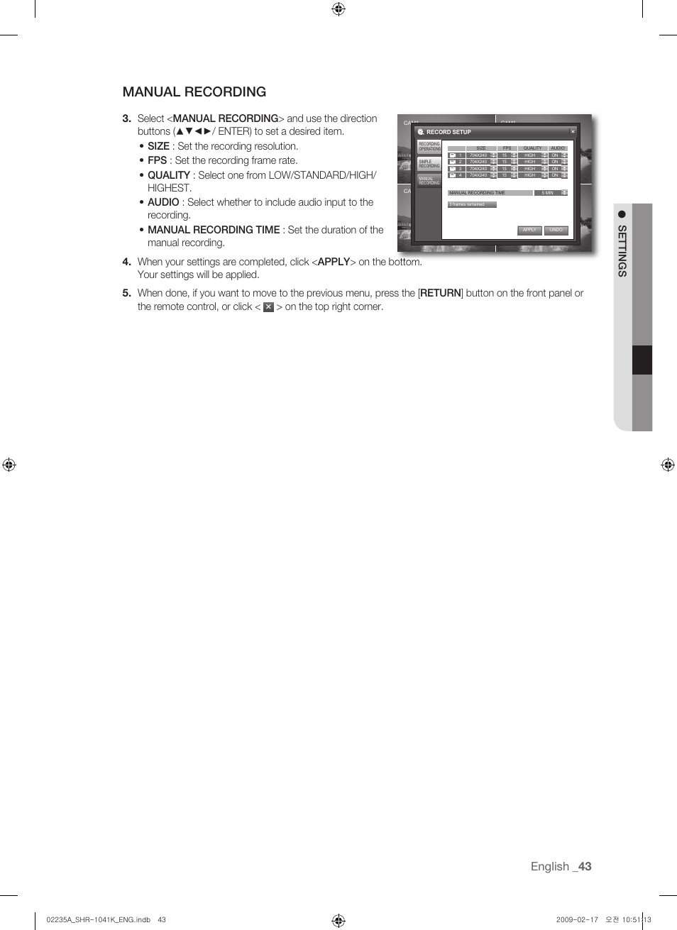 Manual recording, English, Settings | On the top right corner | Samsung SHR-1041 User Manual | Page 43 / 174