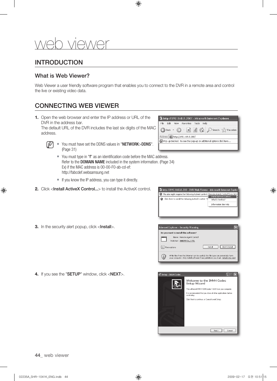 Web viewer, Introduction, Connecting web viewer | Samsung SHR-1041 User Manual | Page 44 / 174