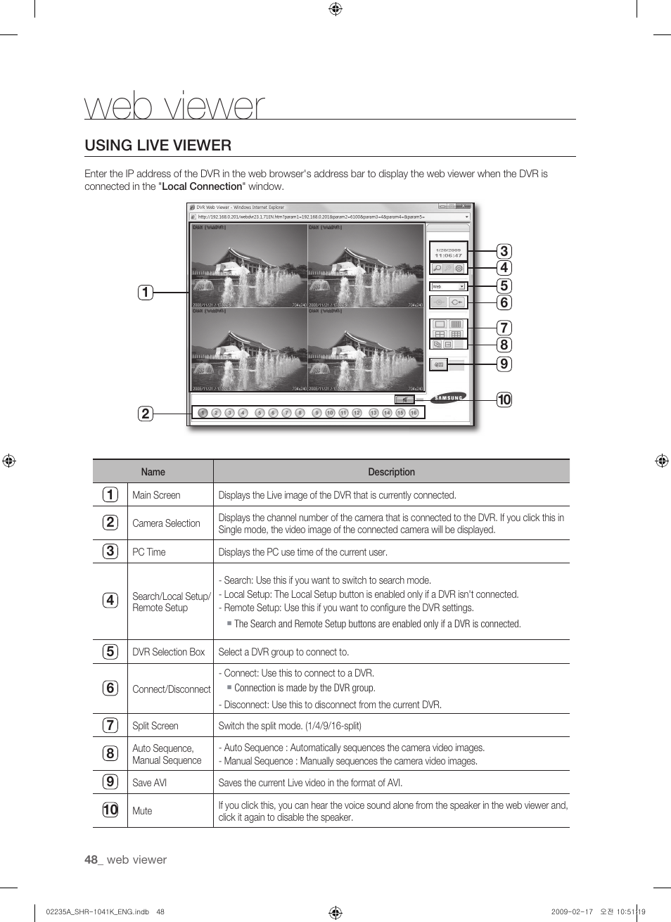 Web viewer, Using live viewer | Samsung SHR-1041 User Manual | Page 48 / 174