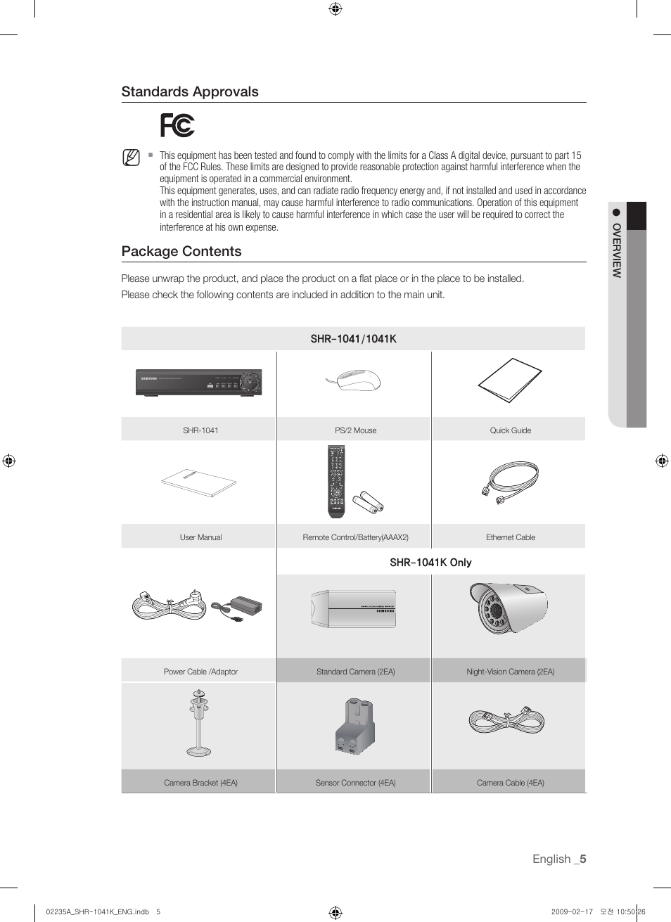 Standards approvals, Package contents | Samsung SHR-1041 User Manual | Page 5 / 174