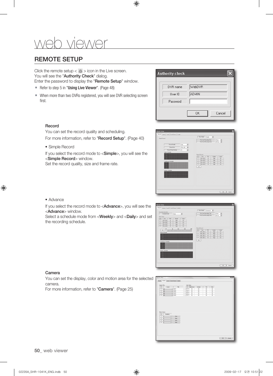Web viewer, Remote setup | Samsung SHR-1041 User Manual | Page 50 / 174