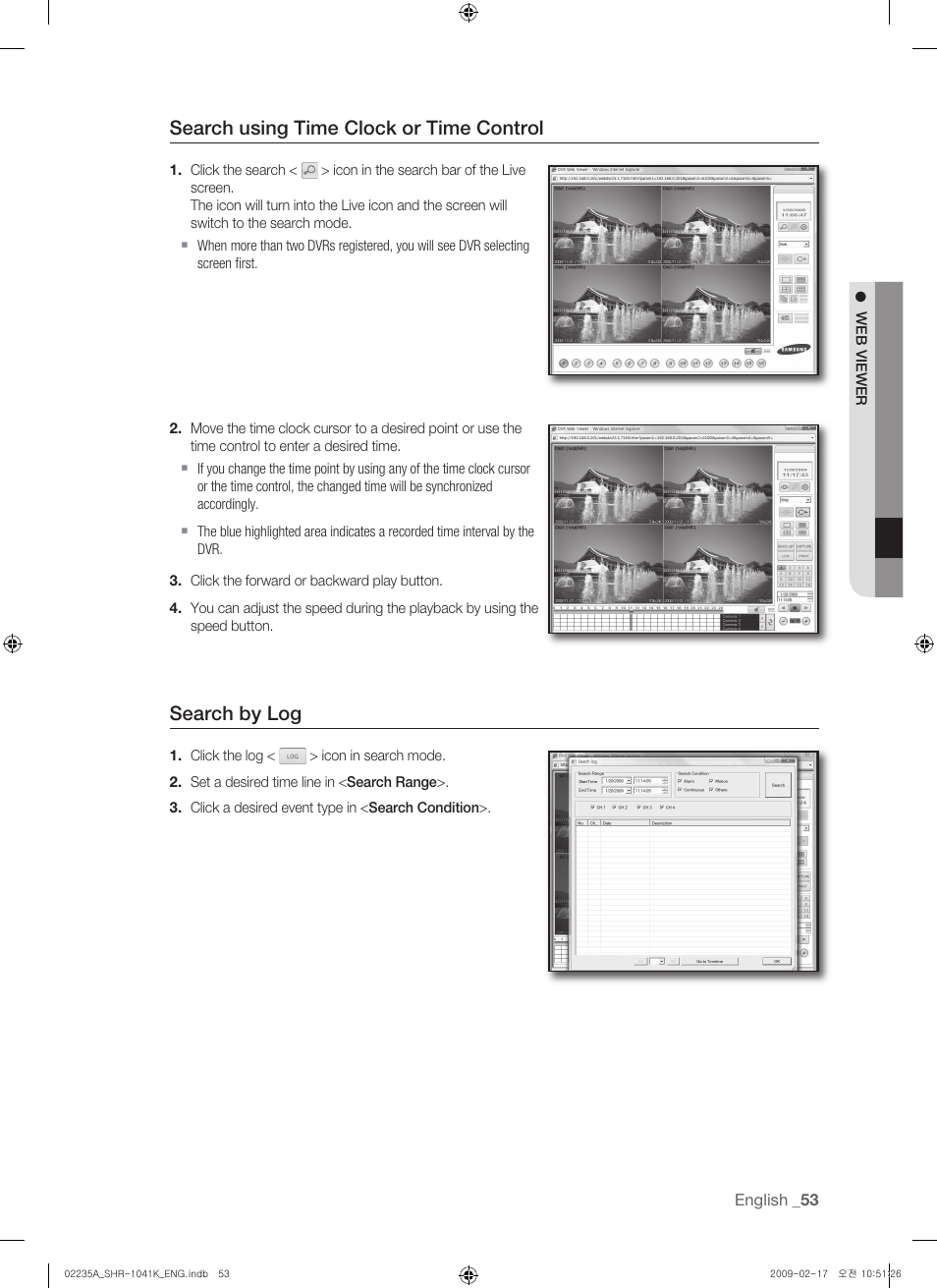 Search using time clock or time control, Search by log | Samsung SHR-1041 User Manual | Page 53 / 174