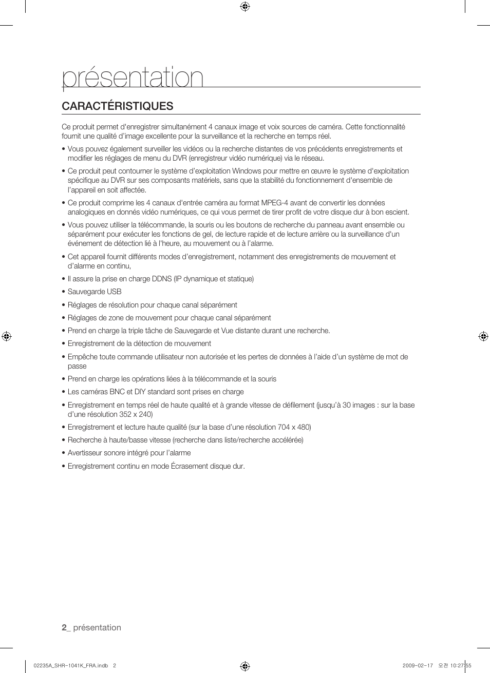 Présentation, Caractéristiques | Samsung SHR-1041 User Manual | Page 60 / 174