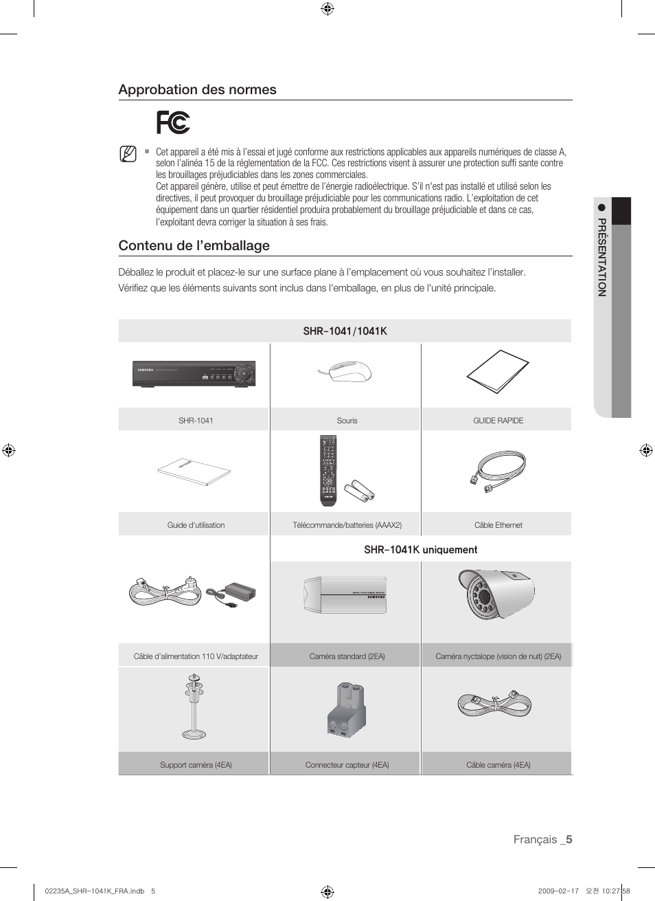 Approbation des normes, Contenu de l’emballage | Samsung SHR-1041 User Manual | Page 63 / 174